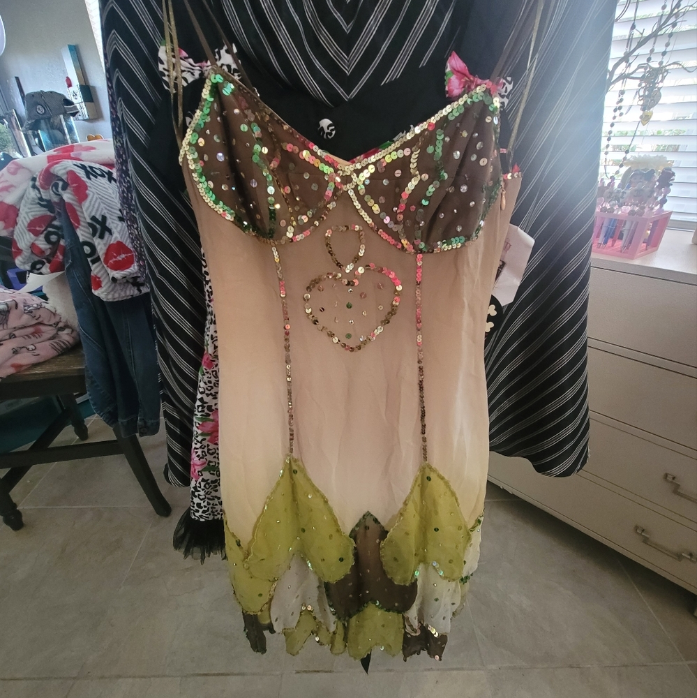 HEATHERETTE Dress Sequin Heart Mini Tinkerbell Runway Vintage Y2k Paris Hilton
